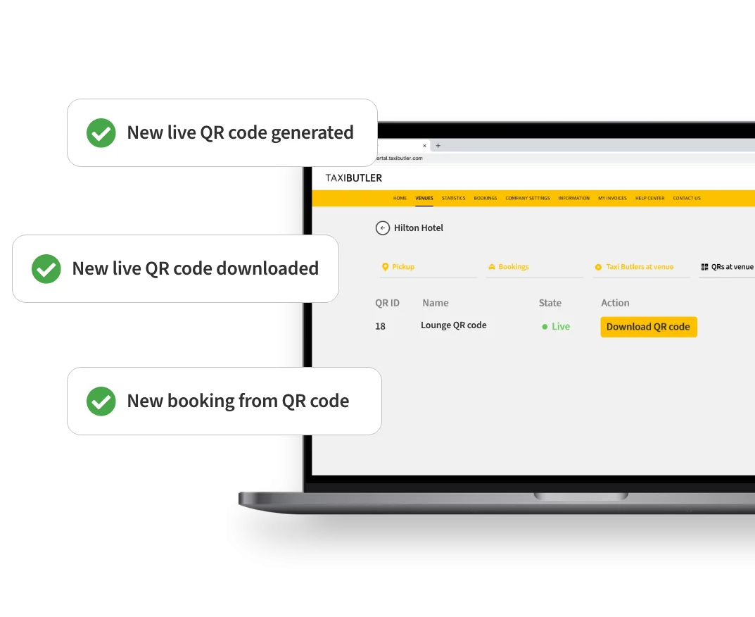 Taxi Butler QR Management Portal creating QR codes