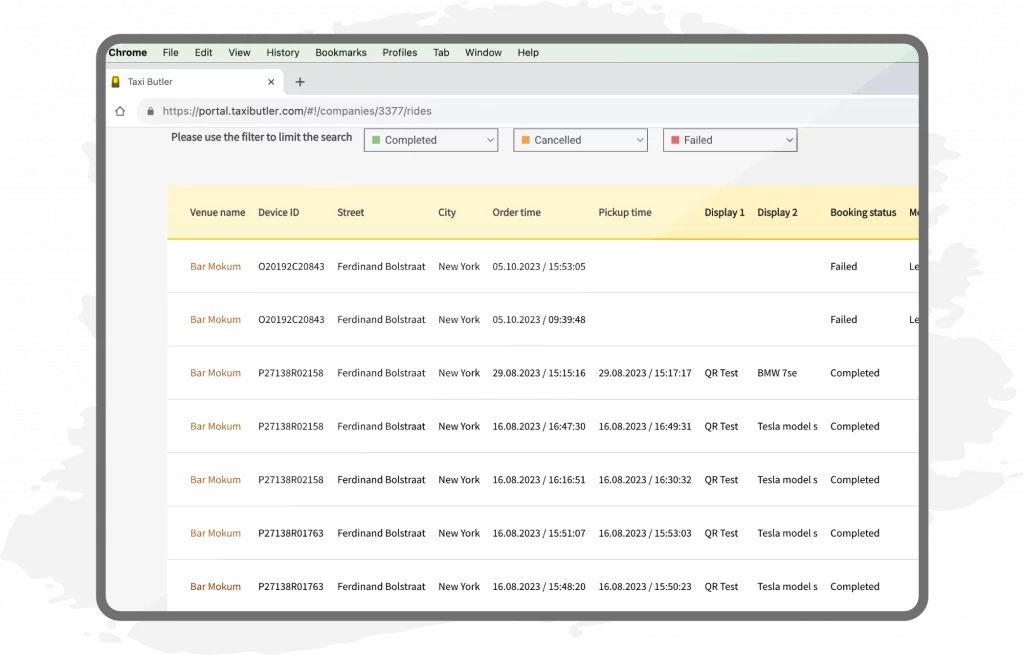 Taxi Butler portal dashboard real-time data screen