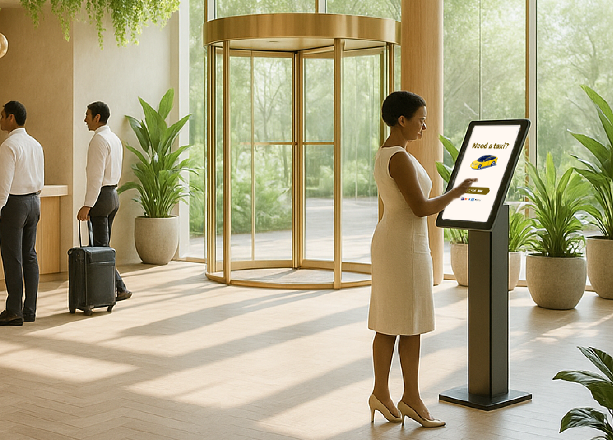 Happy guest inside hotel using a Taxi Butler KIOSK taxi booking kiosk