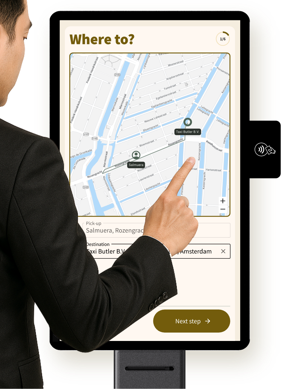 Guest  clicking screen of Taxi Butler 
KIOSK taxi booking kiosk