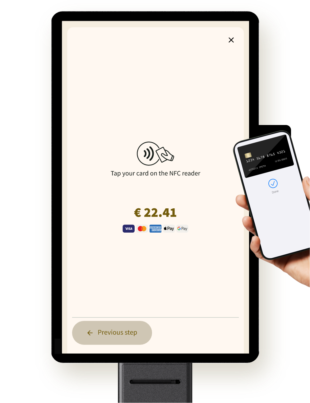 Guest paying for self-ordered taxi booking with contactless payment on Taxi Butler KIOSK taxi booking kiosk