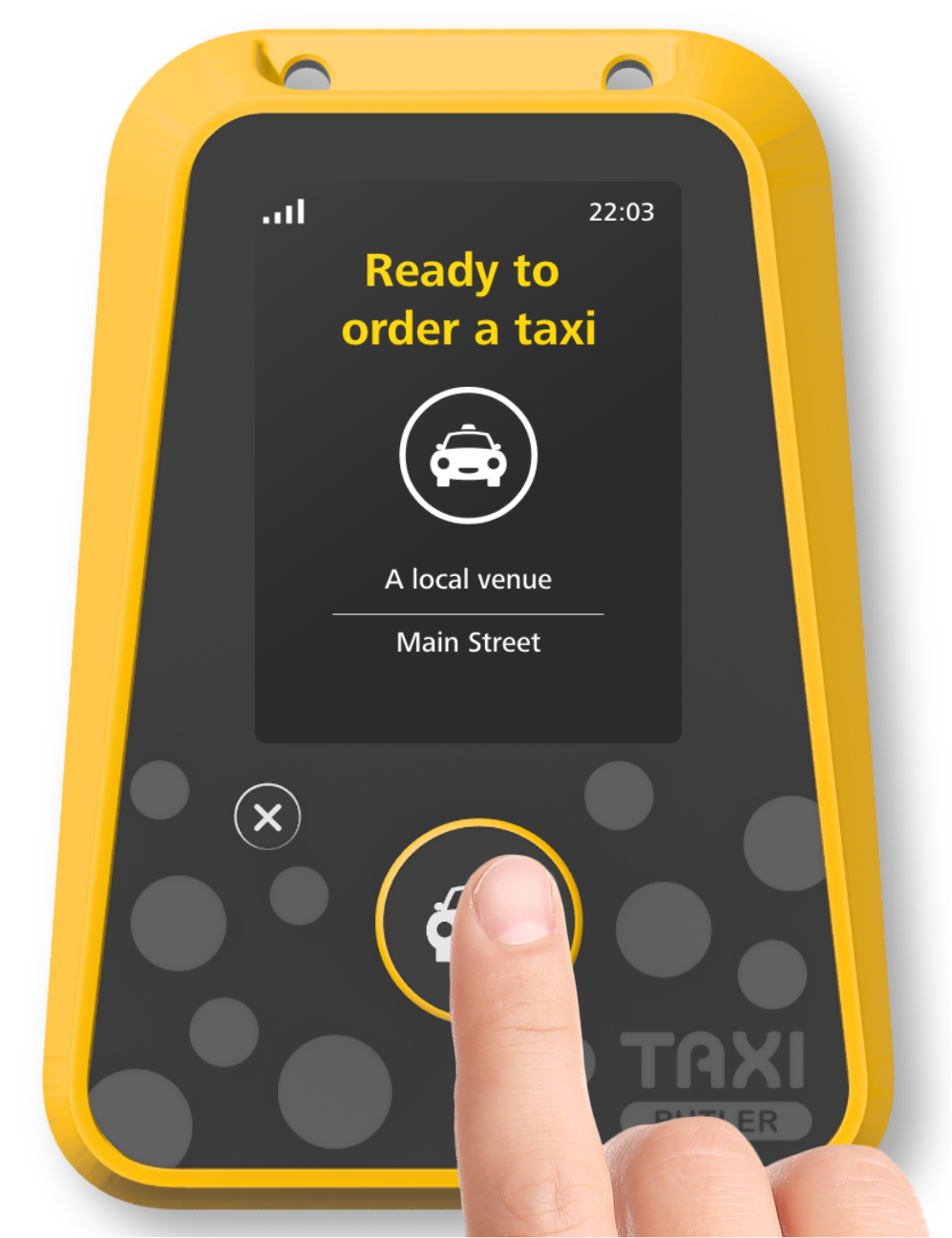 Hotel staff  clicking the Taxi Butler ONE taxi booking device