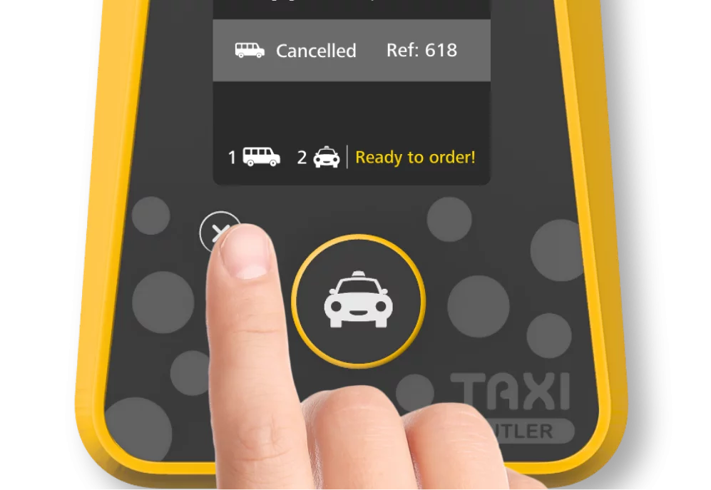 Hotel staff clicking the Taxi Butler ONE taxi booking device to cancel a taxi