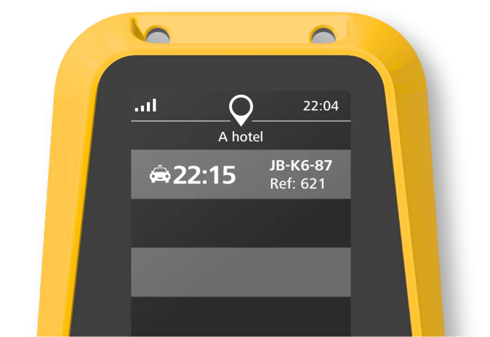 Hotel staff viewing on ETA on the screen of the Taxi Butler ONE taxi booking device