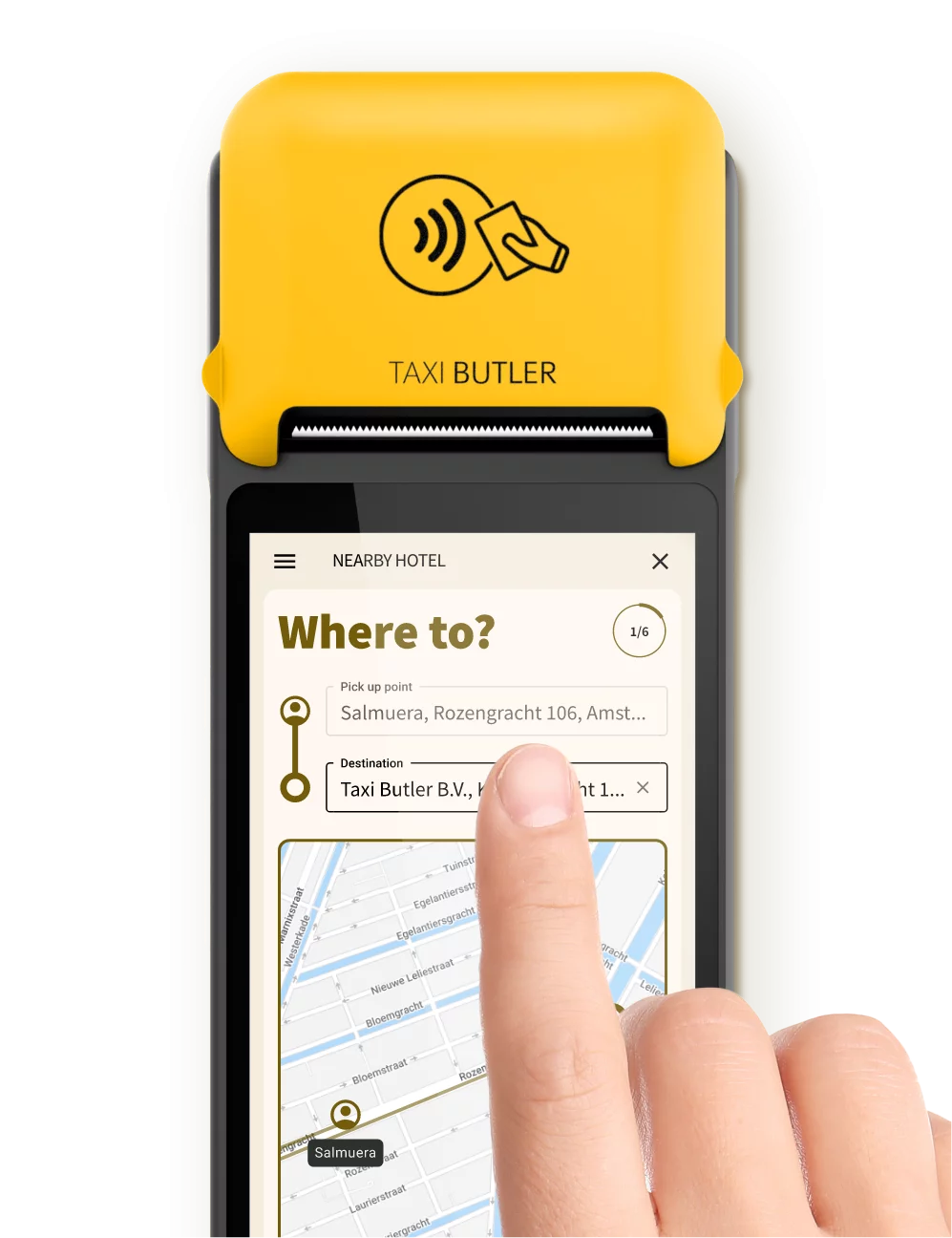 Hotel staff clicking screen of Taxi Butler PLUS taxi booking device