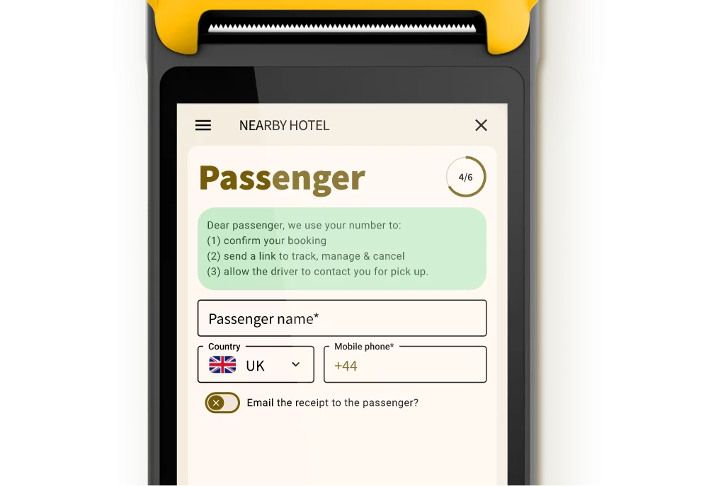 Entering passenger information on a Taxi Butler PLUS taxi booking device