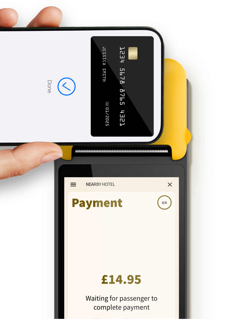 Hotel guest tapping phone to pay contactless on Taxi Butler PLUS taxi booking device