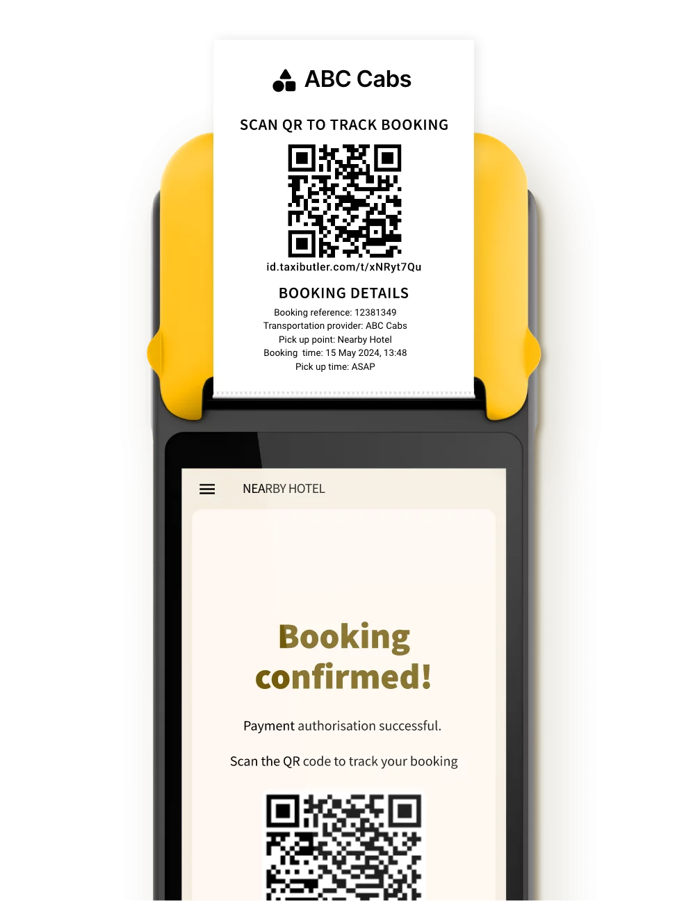 Hotel staff printing a confirmation ticket for their guest on the Taxi Butler PLUS taxi booking device