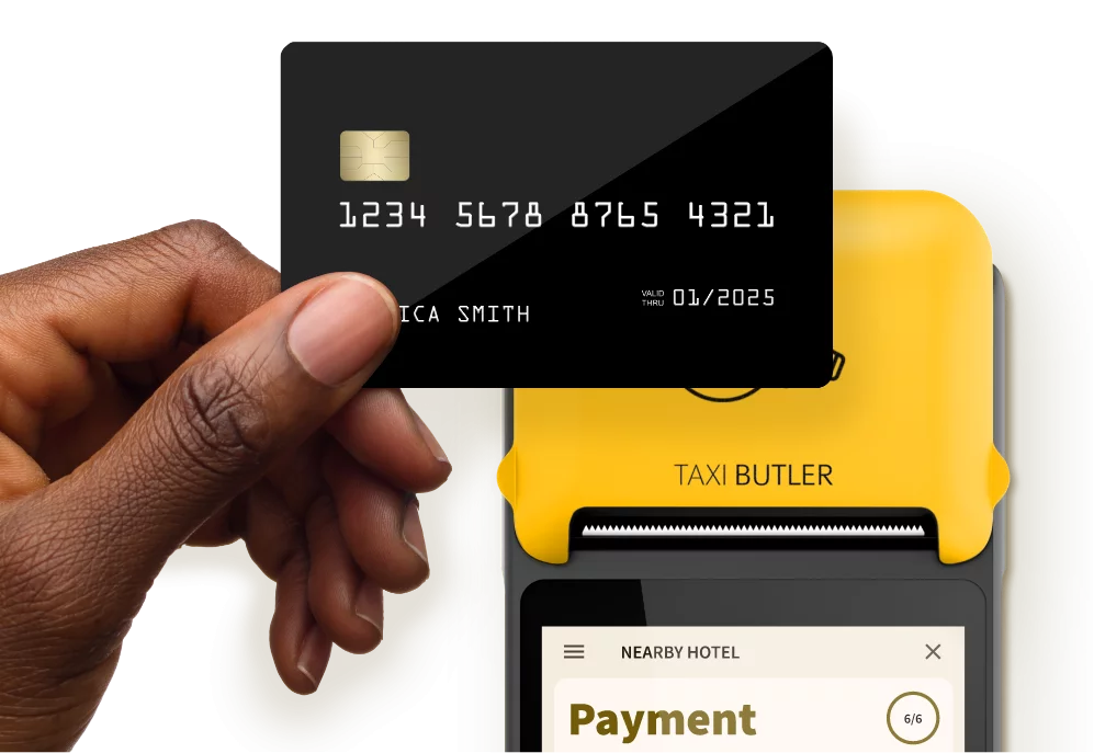 Person using a Taxi Butler PLUS taxi booking device to pay for taxi