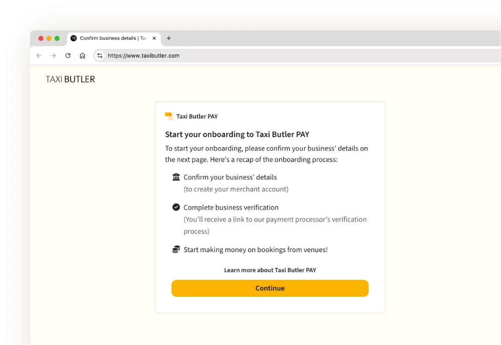 A representation of onboarding process to Taxi Butler PAY