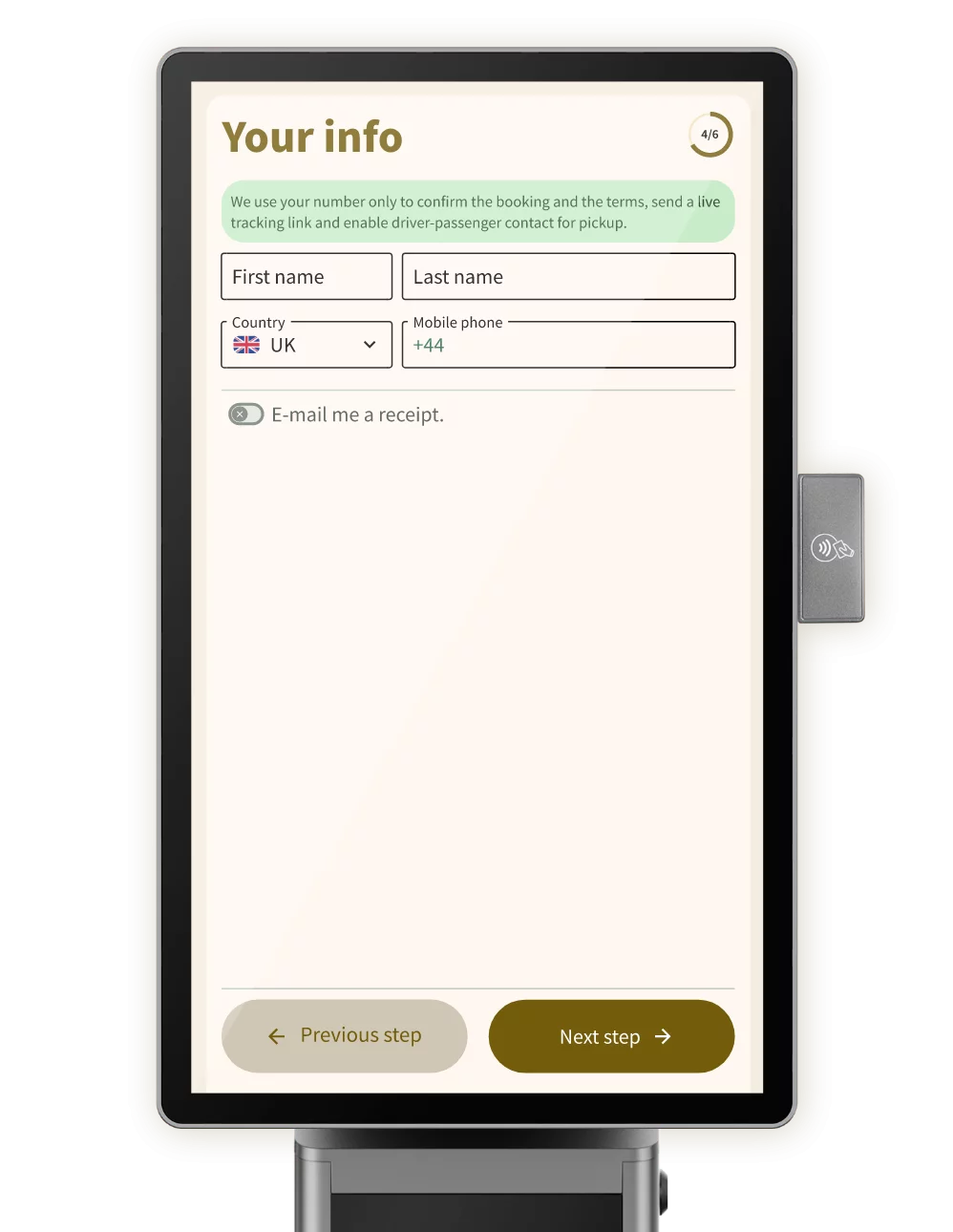 Entering passenger information on the Taxi Butler KIOSK taxi booking kiosk