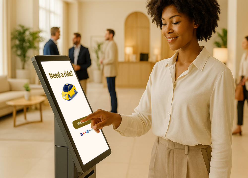 Happy guest inside hotel using a Taxi Butler KIOSK taxi booking kiosk