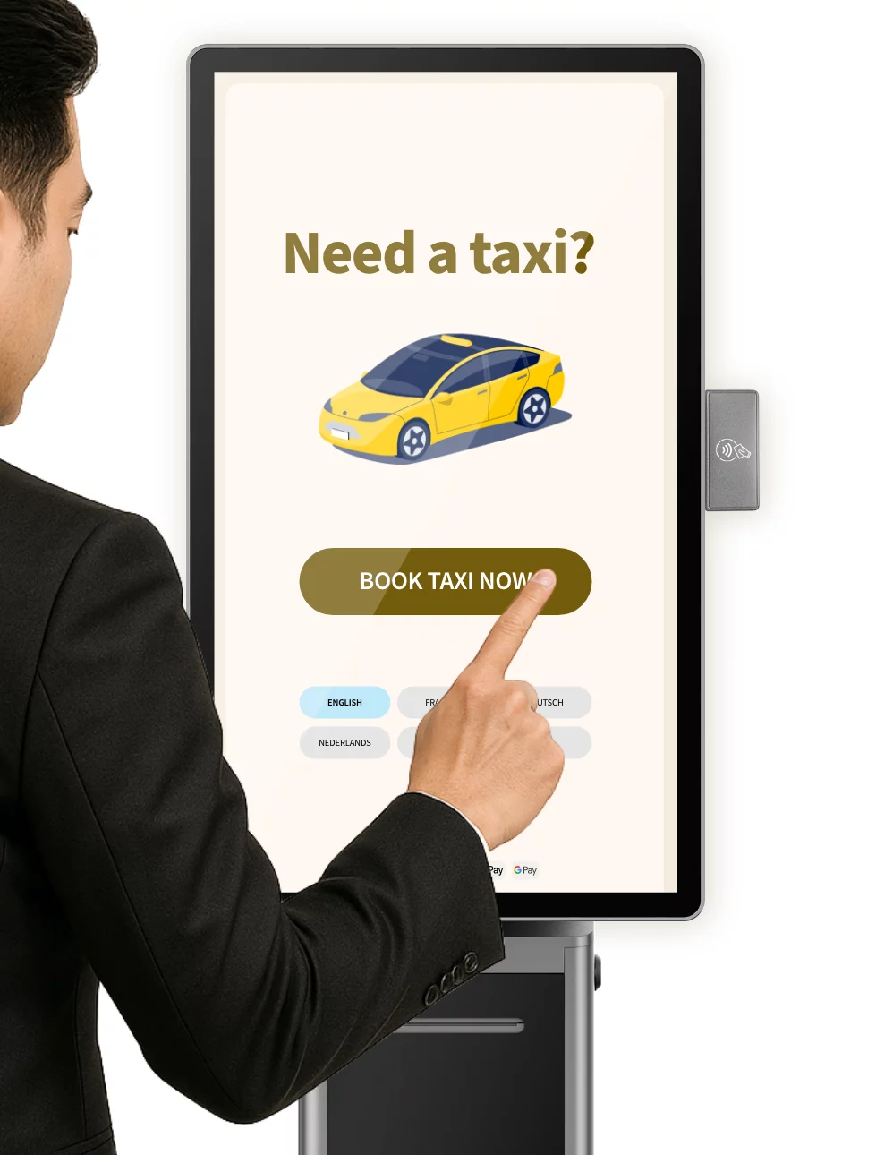 Guest clicking screen of Taxi Butler KIOSK taxi booking kiosk