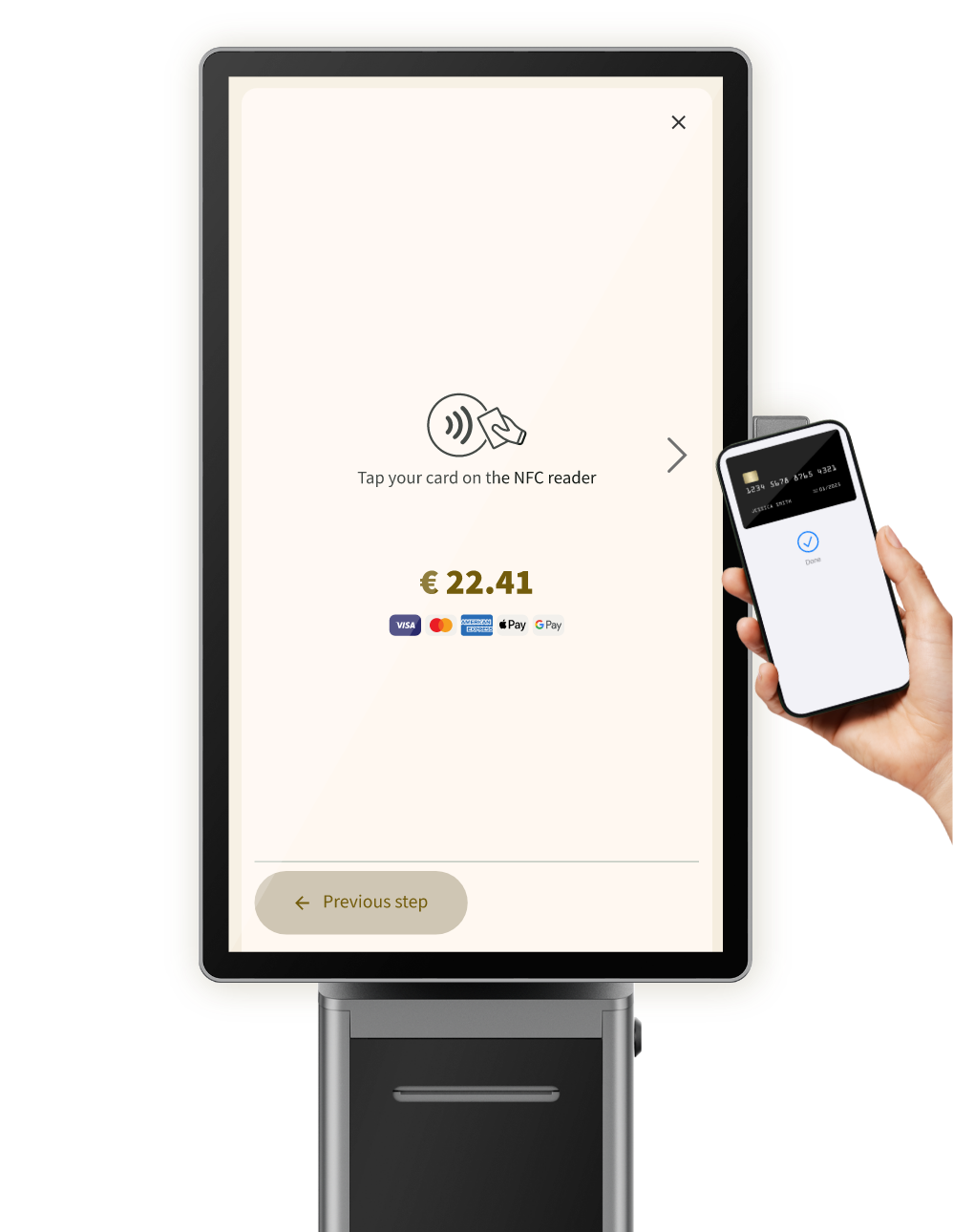 Guest paying for self-ordered taxi booking with contactless payment on Taxi Butler KIOSK taxi booking kiosk