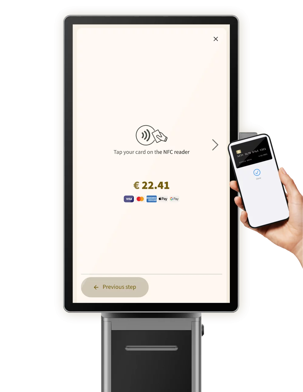 Guest paying for self-ordered taxi booking with contactless payment on Taxi Butler KIOSK taxi booking kiosk