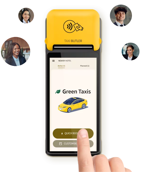 Happy hotel concierges using a Taxi Butler PLUS taxi booking device